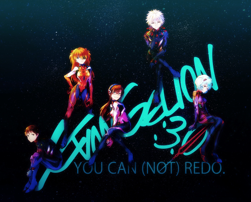 3girls ayanami_rei black_bodysuit blue_eyes blue_hair bodysuit brown_hair copyright_name evangelion:_3.0_you_can_(not)_redo eyepatch glasses highres ikari_shinji lance_of_longinus long_hair makinami_mari_illustrious multiple_boys multiple_girls nagisa_kaworu neon_genesis_evangelion orange_hair plugsuit rebuild_of_evangelion red_eyes shikinami_asuka_langley short_hair smile souryuu_asuka_langley tsuyuxxx twintails white_hair