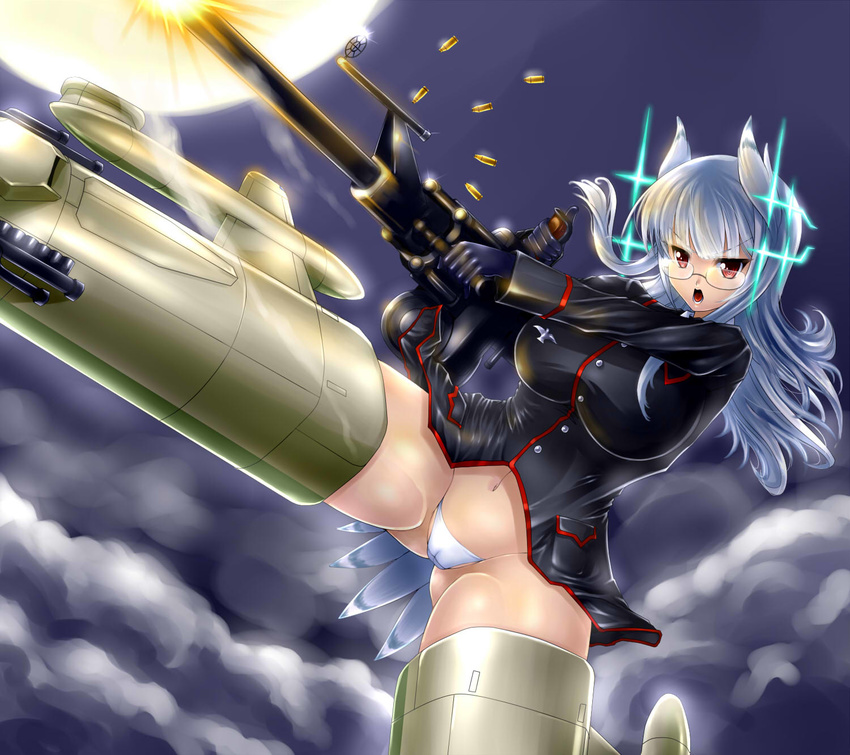 breasts cameltoe casing_ejection firing flying full_moon gao_(naodayo) glasses gun heidimarie_w_schnaufer highres hirschgeweih_antennas large_breasts long_hair long_sleeves military military_uniform moon muzzle_flash navel panties red_eyes shell_casing shirt silver_hair solo strike_witches striker_unit taut_clothes taut_shirt underwear uniform weapon world_witches_series