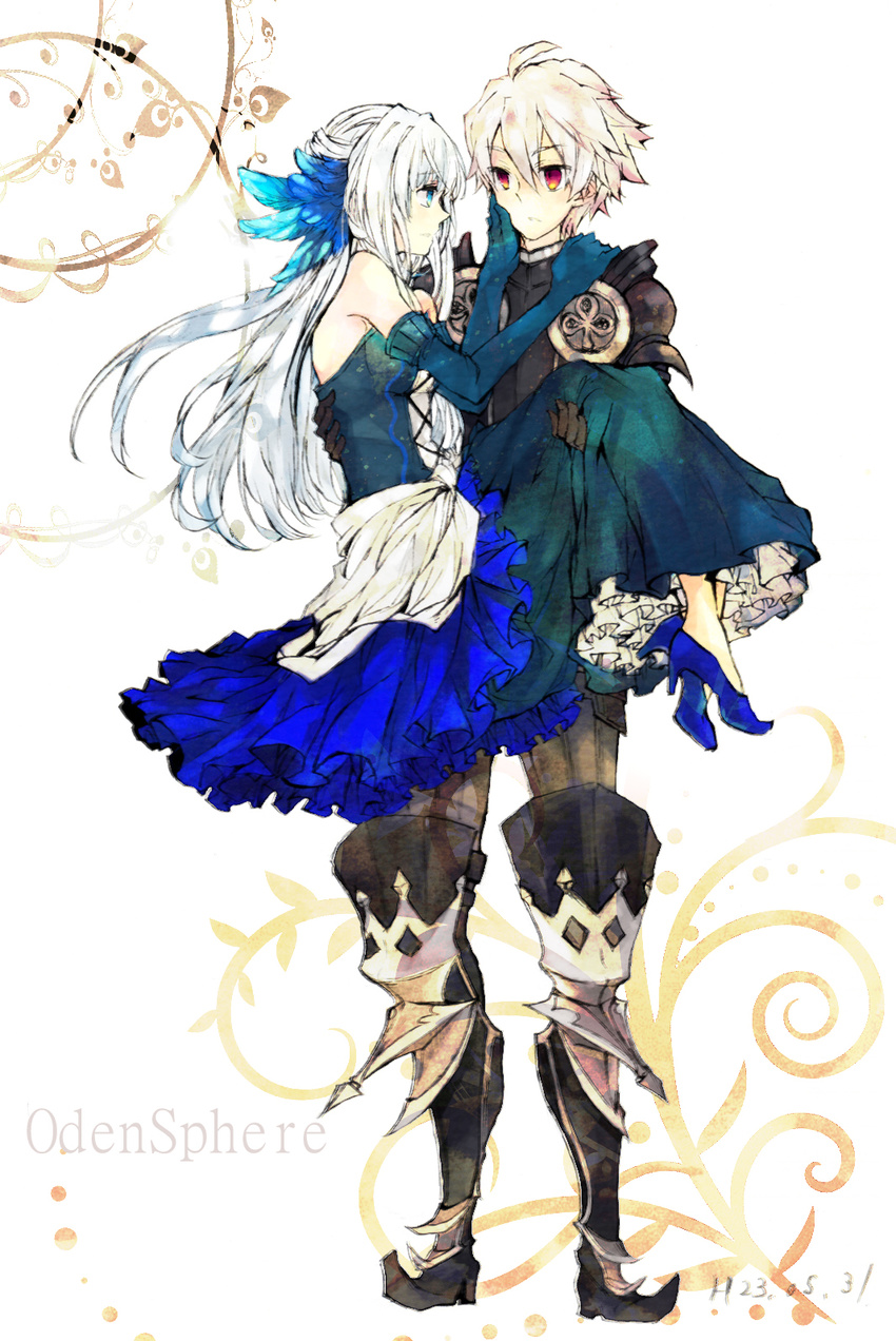 1girl bad_id bad_pixiv_id black_armor blue_eyes carrying copyright_name dress elbow_gloves eye_contact gloves gwendolyn high_heels highres long_hair looking_at_another odin_sphere oswald_(odin_sphere) princess_carry red_eyes shoes strapless strapless_dress valkyrie yukizuri