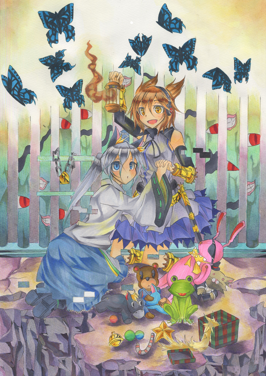 absurdres animal_ears bell blue_eyes box brown_eyes brown_hair bug bunny butterfly chain doll donkey dress earmuffs eyes frog hat headphones highres holding_hands insect inui_(artist) japanese_clothes jingle_bell kariginu lantern lock long_sleeves mononobe_no_futo multiple_girls open_mouth ponytail short_hair silver_hair skirt sleeveless smile star stuffed_animal stuffed_toy tate_eboshi teddy_bear touhou toyosatomimi_no_miko traditional_media wide_sleeves