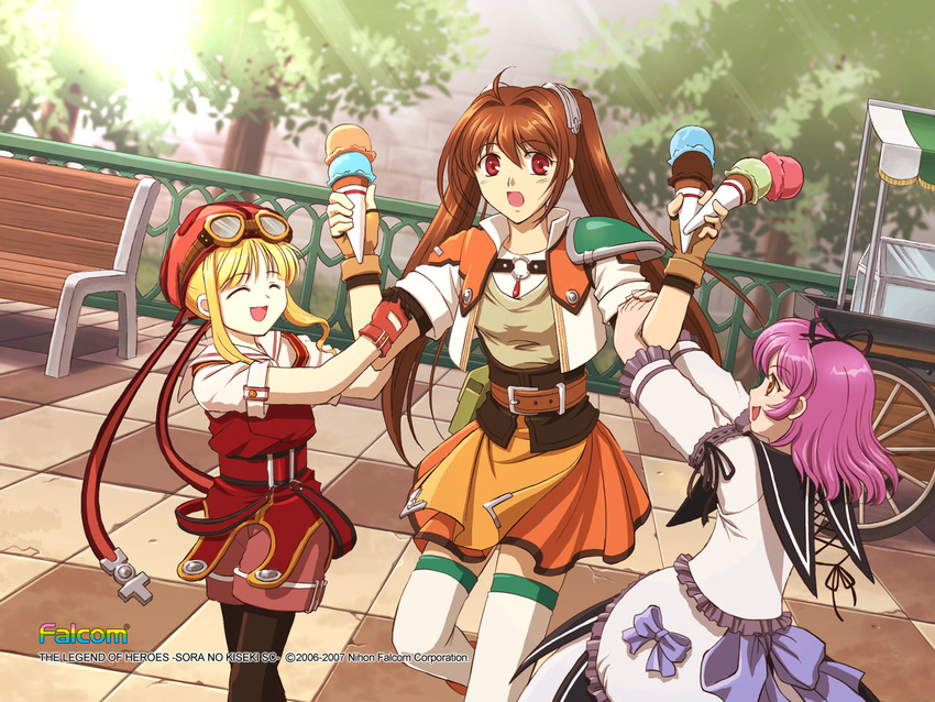 3girls artist_request belt blonde_hair brown_eyes brown_hair closed_eyes company_name copyright_name day double_scoop dutch_angle eiyuu_densetsu estelle_bright fingerless_gloves food gloves goggles goggles_on_head hair_intakes hat ice_cream ice_cream_cone legwear_under_shorts long_hair multiple_girls official_art orange_skirt outdoors pantyhose pavement pink_shorts red_eyes renne shorts skirt smile sora_no_kiseki thighhighs tita_russell tree twintails white_legwear zettai_ryouiki