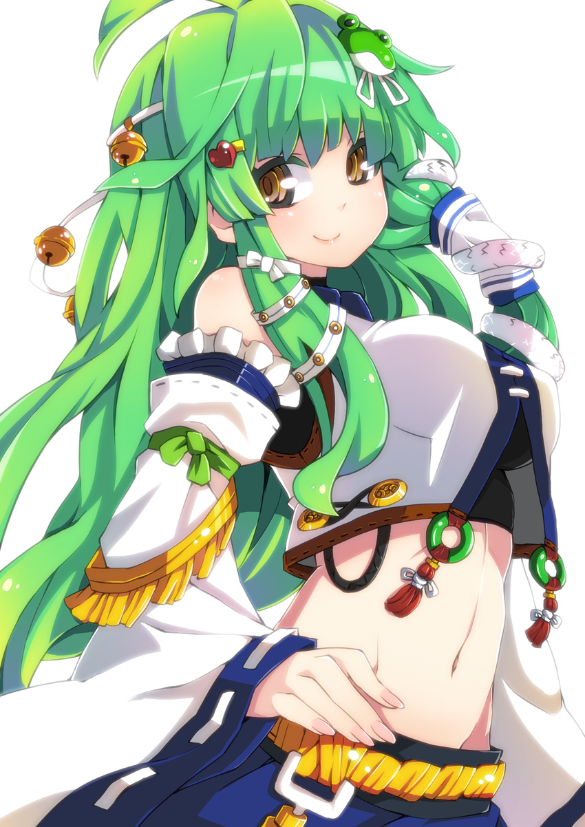 adapted_costume bare_shoulders detached_sleeves frog_hair_ornament green_hair hair_ornament hair_tubes highres kochiya_sanae long_hair makai midriff navel smile snake_hair_ornament solo touhou white_background yellow_eyes