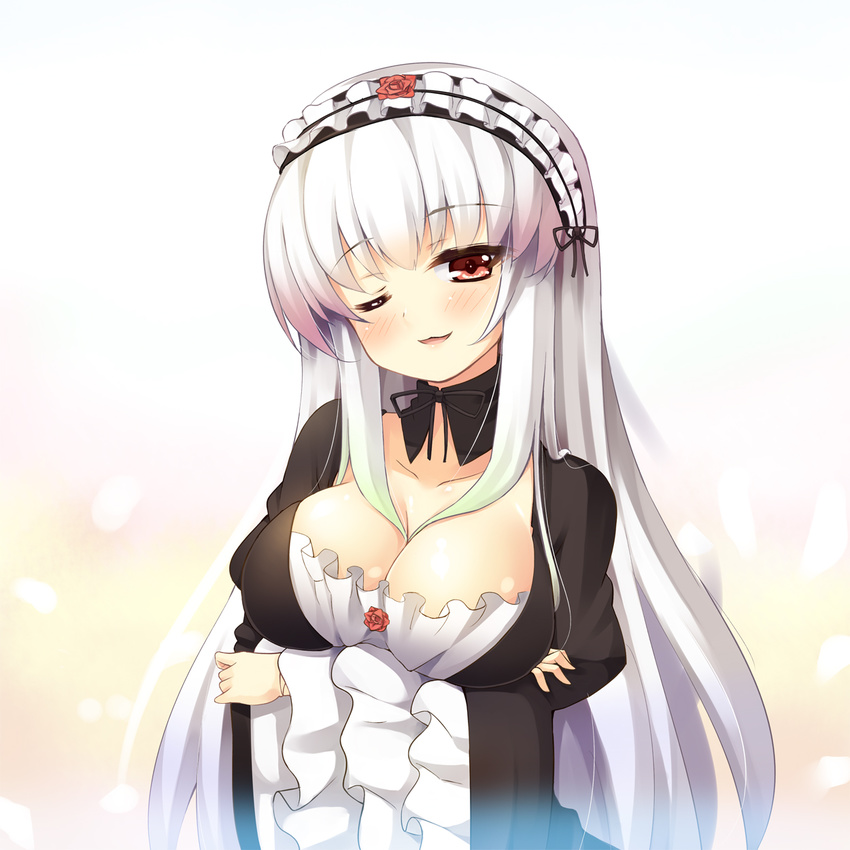 ;) areola_slip areolae asa_(swallowtail) blush breast_hold breasts cleavage crossed_arms hairband highres large_breasts lolita_hairband long_hair looking_at_viewer one_eye_closed red_eyes rozen_maiden silver_hair smile solo suigintou white_background
