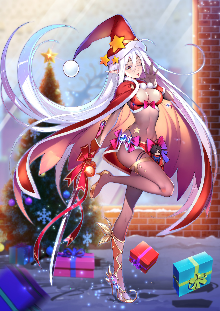 ;p absurdres bell bikini bow box breasts cape christmas christmas_tree cleavage doll gift gift_box hat high_heels highleg highres holding holding_weapon ice_dragon_(artist) langrisser long_hair looking_at_viewer navel one_eye_closed pointy_ears ribbon santa_hat see-through smile snow solo star swimsuit tongue tongue_out very_long_hair weapon white_hair yellow_eyes