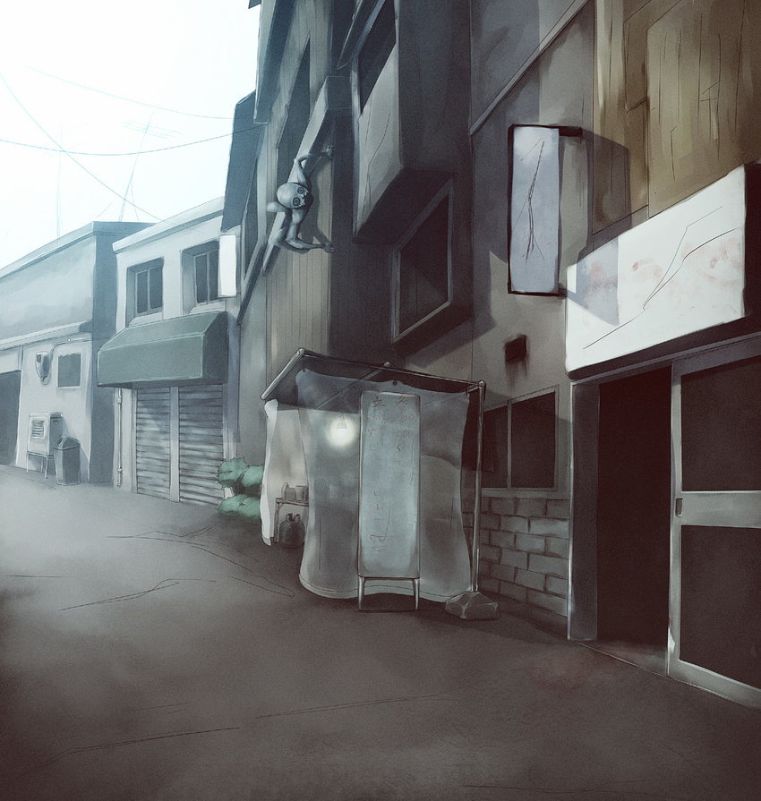 building cityscape commentary door electricity_meter food_stand highres light monster no_humans onibi_(foxhound4185) original plant power_lines sign transparent when_you_see_it window yatai
