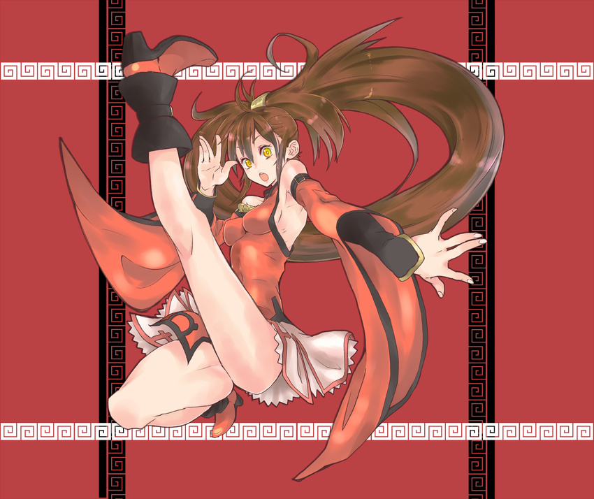 axe_kick boots brown_hair china_dress chinese_clothes detached_sleeves dress full_body fuyunohajime guilty_gear high_heels high_kick highres impossible_clothes kicking kuradoberi_jam long_hair open_mouth red shoes solo very_long_hair wide_sleeves yellow_eyes