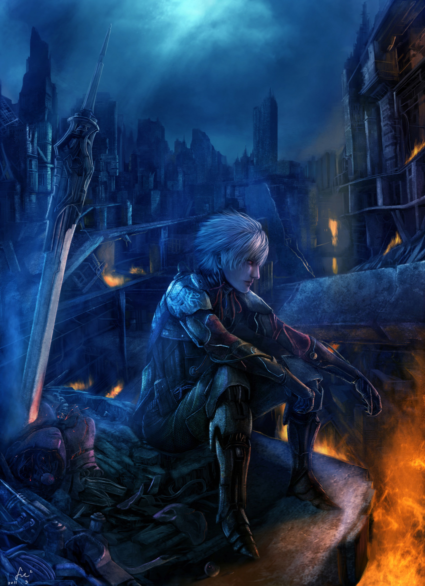 armor boots building cityscape fire fufu gloves highres moonlight night original red_eyes ruins short_hair sitting sword weapon white_hair