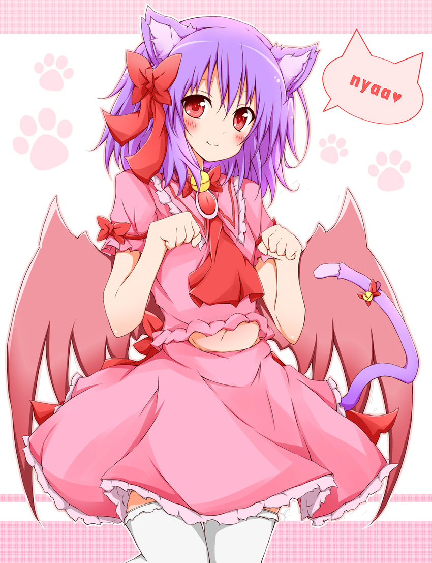 animal_ears bat_wings bell blush bow cat_ears cat_tail clenched_hands hair_bow highres karamoneeze kemonomimi_mode looking_at_viewer navel pink_eyes purple_hair red_eyes remilia_scarlet shirt skirt skirt_set smile solo speech_bubble tail tail_bell thighhighs touhou white_legwear wings