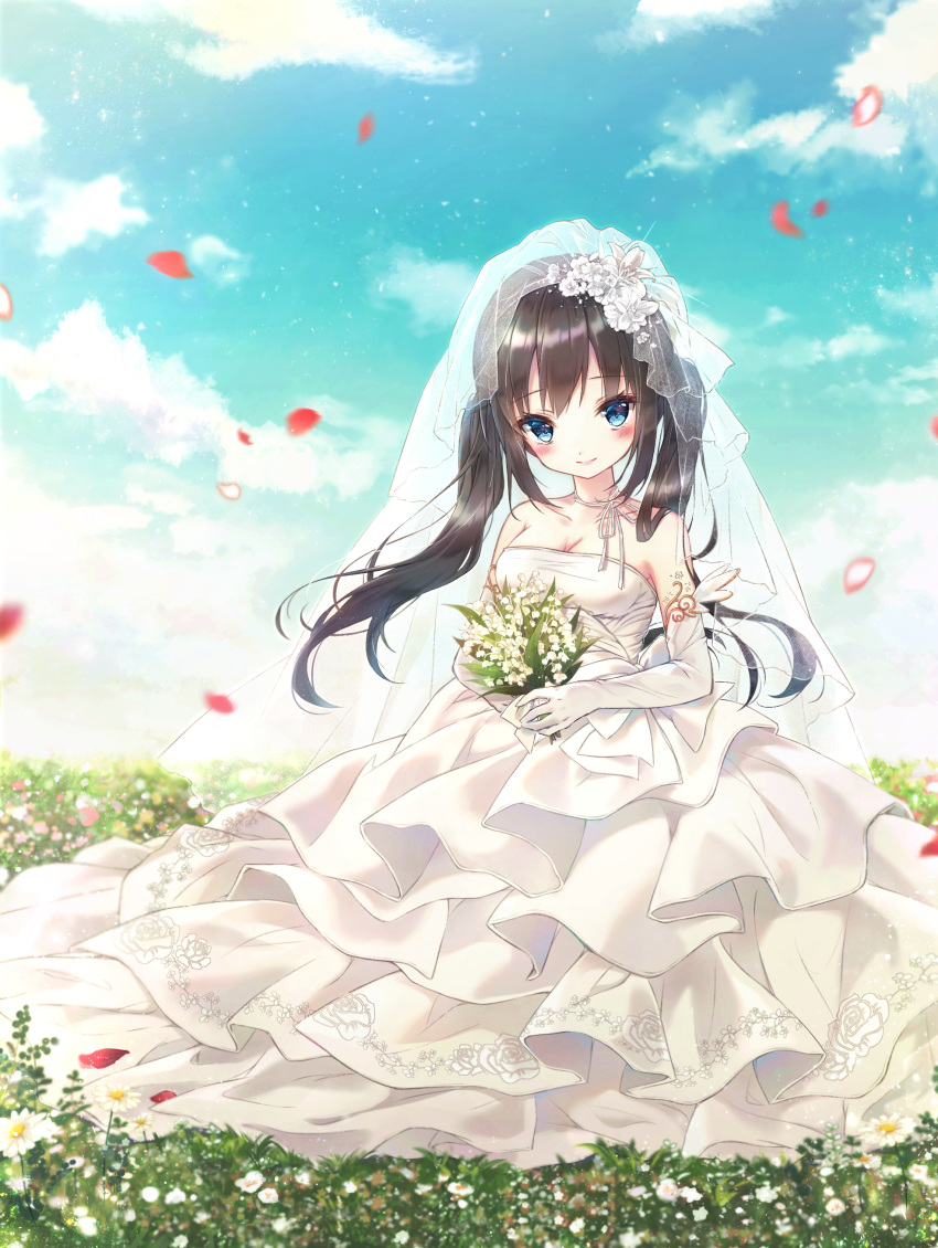 1girl absurdres bare_shoulders blue_eyes blue_sky blush bouquet breasts bridal_veil brown_hair cleavage closed_mouth cloud cloudy_sky collarbone commission danby_merong day dress elbow_gloves field flower gloves head_tilt highres holding holding_bouquet long_hair medium_breasts original outdoors petals see-through sky smile solo strapless strapless_dress twintails veil very_long_hair wedding_dress white_dress white_flower white_gloves