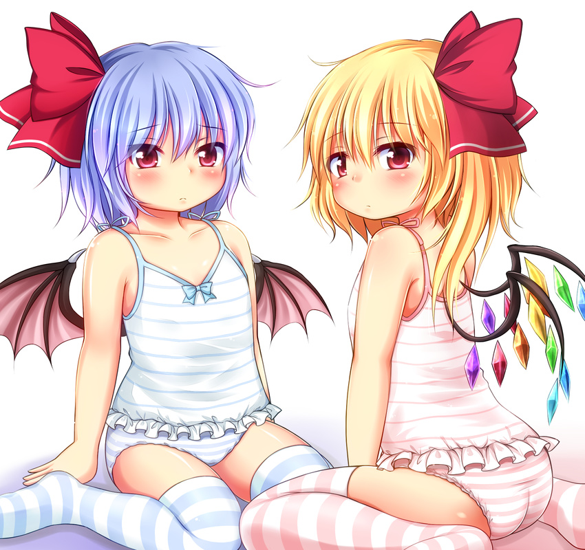 bat_wings blonde_hair blue_hair blush camisole flandre_scarlet flat_chest frills hair_ribbon highres lingerie looking_at_viewer multiple_girls panties red_eyes remilia_scarlet rena_(riries) ribbon short_hair siblings side_ponytail sisters sitting striped striped_legwear striped_panties thighhighs touhou underwear underwear_only wariza wings