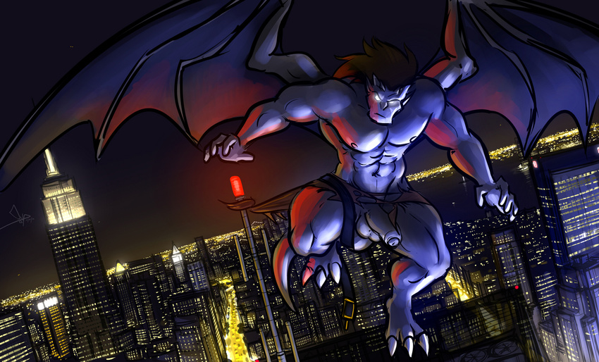 balls belt bgn biceps big_penis blue_skin brown_hair city cityscape claws clothed clothing erection flaccid flying gargoyles glowing glowing_eyes goliath hair half-dressed loincloth male muscles night nipples pecs penis purple_body scales sky solo toe_claws topless torn_clothing uncut white_eyes wings