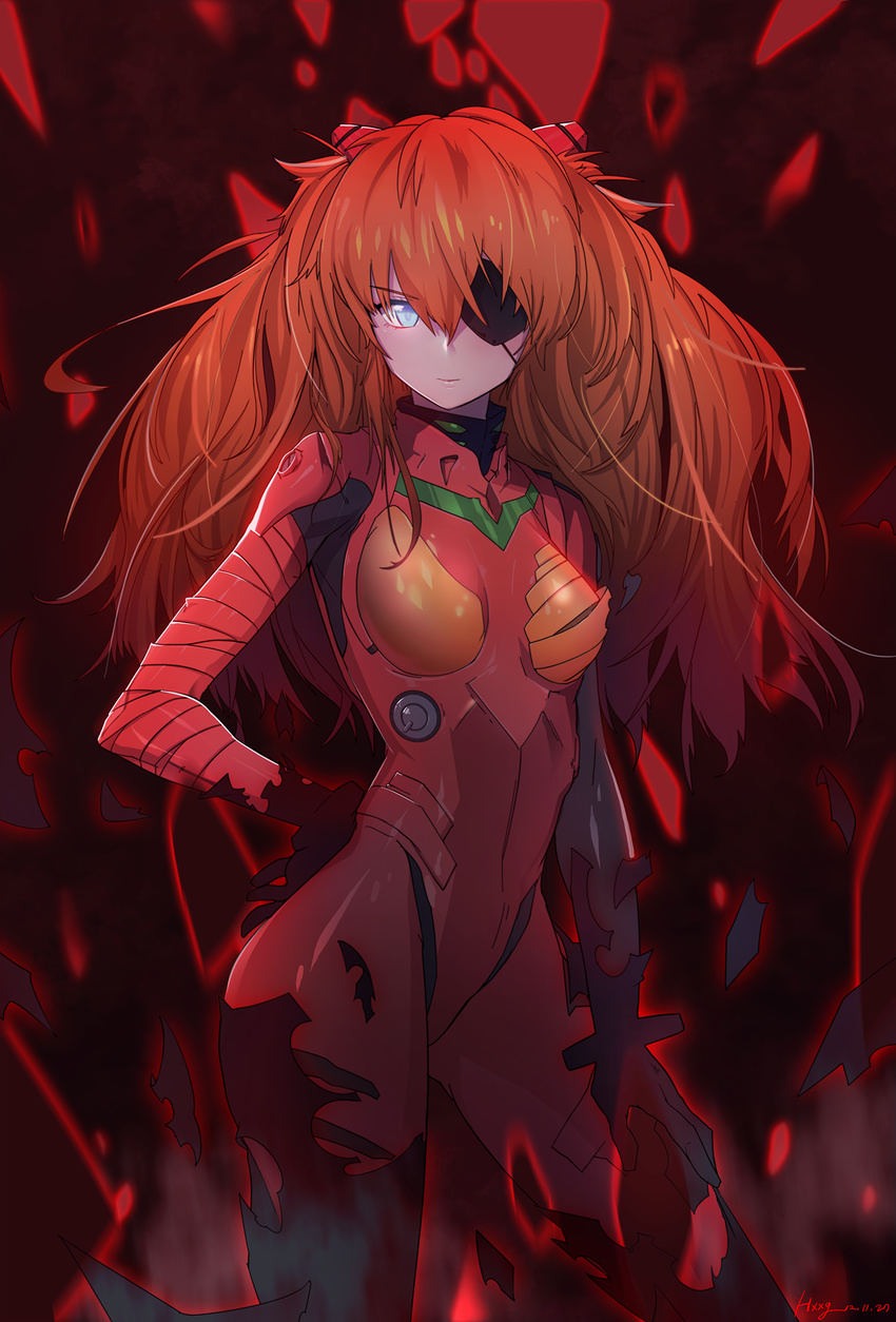 bad_id bad_pixiv_id bangs big_hair blue_eyes bodysuit bracer breasts closed_mouth contrapposto cowboy_shot dated debris evangelion:_3.0_you_can_(not)_redo eyepatch from_side gloves hair_between_eyes hair_ornament hand_on_hip hand_on_own_thigh headgear highres hong legs_apart light_smile long_hair looking_at_viewer neon_genesis_evangelion orange_hair pilot_suit plugsuit rebuild_of_evangelion shikinami_asuka_langley signature skinny small_breasts smile solo souryuu_asuka_langley standing tape turtleneck