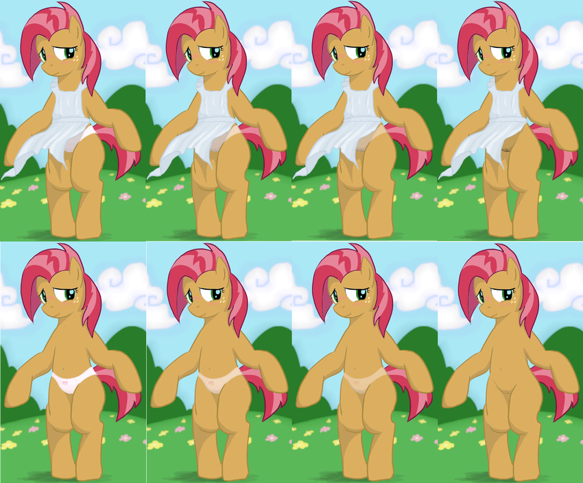 apron babs_seed_(mlp) blush brown_fur cub equine female freckles friendship_is_magic fur green_eyes hair horse mammal my_little_pony outside panties pony pussy seidouryu solo two_tone_hair underwear young