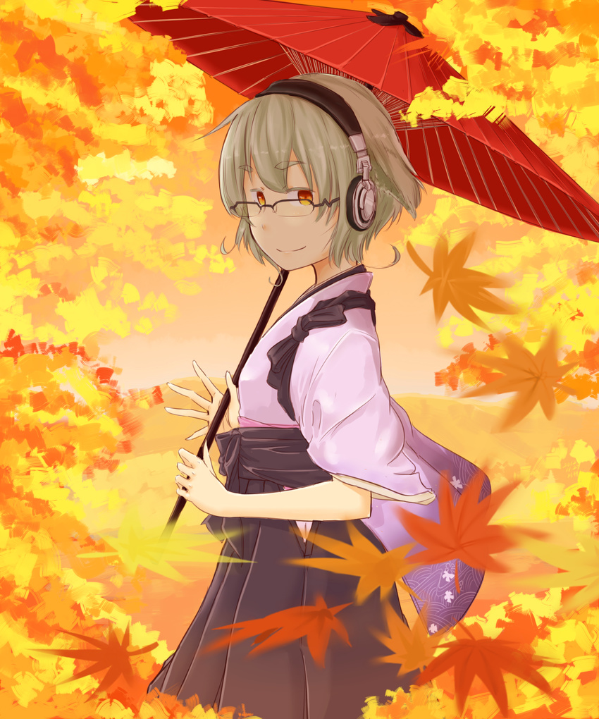 black_hakama blue_hair brown_eyes glasses hakama headphones highres japanese_clothes kawashina_(momen_silicon) kohagi-chan leaf oriental_umbrella original short_hair smile solo umbrella