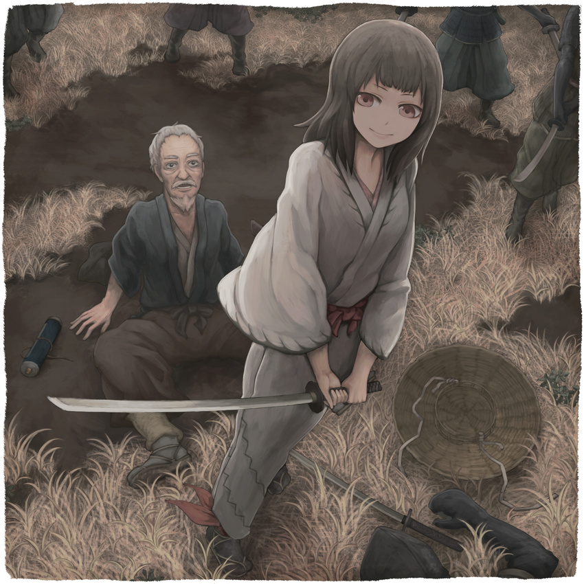 1girl beard bird brown_hair commentary_request crane_(animal) facial_hair folklore goatee grass hat hat_removed headwear_removed highres katana long_hair mustache old old_man open_mouth personification red_eyes rice_hat scroll sitting smile standing sword tsuru_no_ongaeshi weapon white_hair yajirushi_(chanoma)