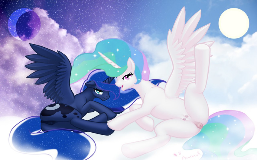 anatomically_correct anatomically_correct_pussy animal_genitalia anus arareroll blue_hair cloud cutie_mark duo equine equine_pussy female feral friendship_is_magic hair horn horse long_hair looking_at_viewer mammal moon multi-colored_hair my_little_pony pony princess princess_celestia_(mlp) princess_luna_(mlp) purple_eyes pussy royalty sibling siblings sisters spread_legs spreading sun teal_eyes teats winged_unicorn wings