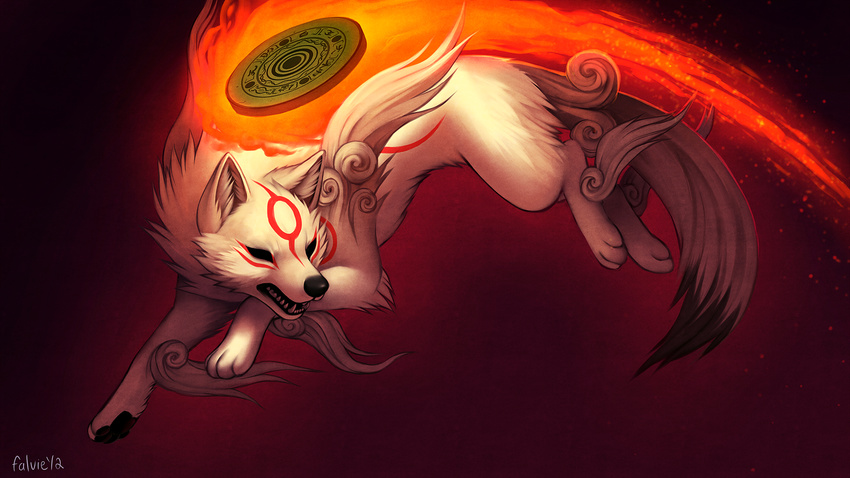 &#332;kami ?kami ambiguous_gender canine deity divine_instrument falvie female feral fur goddess mammal solo video_games white_fur wolf