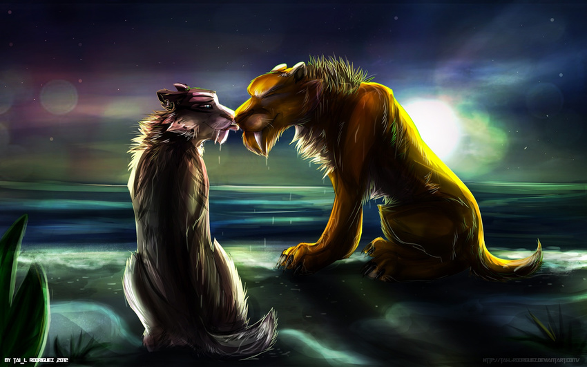 color_contrast couple diego diego_(ice_age) fangs feline female feral ice_age ice_age_(film) licking male mammal saber_teeth saber_tooth_tiger sabertooth sea shira shira_(ice_age) shore smilodon straight tai-l-rodriguez tongue wallpaper water web_address