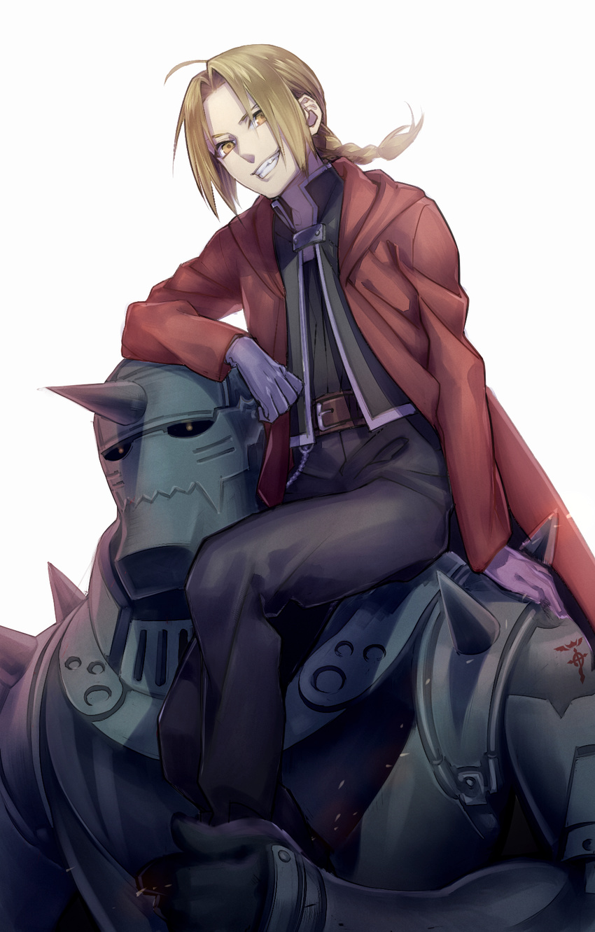 ahoge alphonse_elric armor belt blonde_hair braid edward_elric full_armor fullmetal_alchemist gloves grin highres kazari_tayu single_braid sitting sitting_on_shoulder smile white_background yellow_eyes