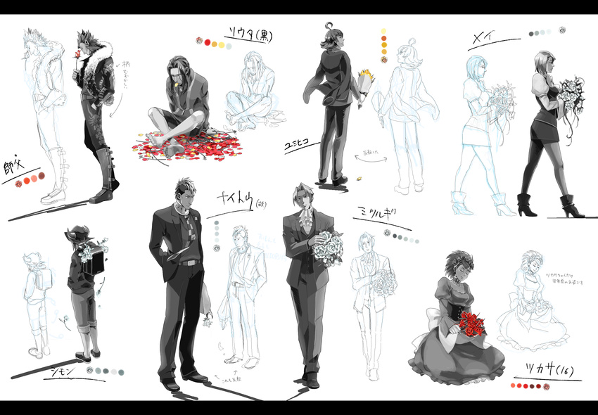 6+boys ahoge aizawa_shimon apron apron_lift arm_up backpack bag bangs barefoot boots bouquet bow choker closed_eyes corset cravat dress fake_horns fingernails flipped_hair flower from_behind fur_trim gyakuten_kenji gyakuten_kenji_2 gyakuten_saiban hair_intakes hand_in_pocket hands_in_pockets headband high_heels highres holding horns ichiyanagi_yumihiko indian_style jacket jacket_on_shoulders karuma_mei knee_boots long_dress long_sleeves looking_down looking_up magarikado mitsurugi_reiji monochrome mouth_hold multiple_boys multiple_girls naitou_manosuke neck_brace necktie no_shoes oyashiki_tsukasa pants pantyhose parted_bangs petals puffy_sleeves red_flower red_rose ribbon rose rose_petals rou_shiryuu sarushiro_souta school_uniform shadow shoes short_hair sitting sketch smile spiked_hair spoilers spot_color swept_bangs tears teenage time_paradox uniform walking white_background white_flower white_rose wide_sleeves wind yellow_flower yellow_rose younger