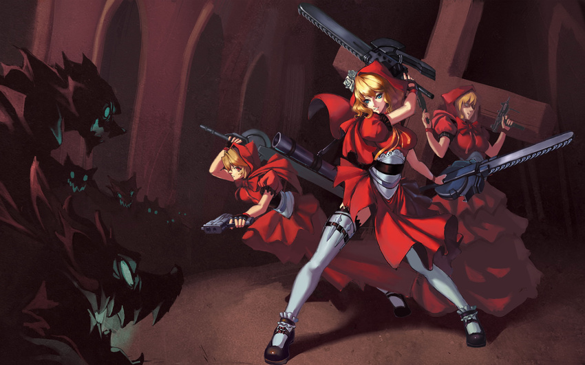 bazooka big_bad_wolf_(grimm) blonde_hair blue_eyes chainsword cross dress grimm's_fairy_tales gun handgun highres hood knife little_red_riding_hood little_red_riding_hood_(grimm) mr_metal multiple_girls multiple_persona pistol red_eyes smile submachine_gun sword thighhighs throwing_knife weapon white_legwear wolf