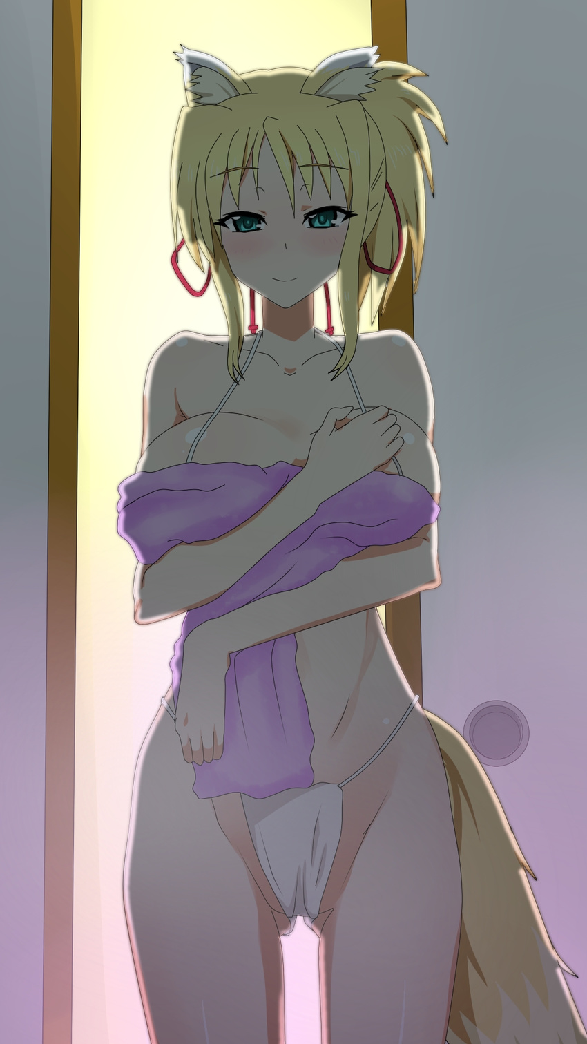 1girl animal_ears bare_shoulders blonde_hair blush breast_squeeze breasts cameltoe covering dog_days fox_ears fundoshi green_eyes highres huge_breasts large_breasts legs long_image looking_at_viewer panties ponytail smile solo standing tail thighs towel underwear wallpaper yukikaze_panettone