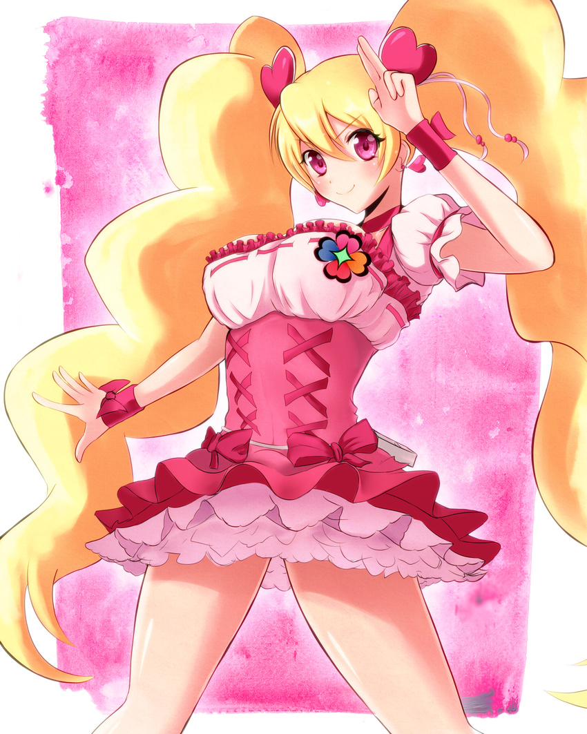 avy417 bad_id bad_pixiv_id blonde_hair bow breasts choker cure_peach dress earrings fresh_precure! hair_ornament hairpin heart heart_hair_ornament highres jewelry large_breasts long_hair magical_girl momozono_love pink_choker pink_eyes precure ribbon smile solo twintails very_long_hair wrist_cuffs