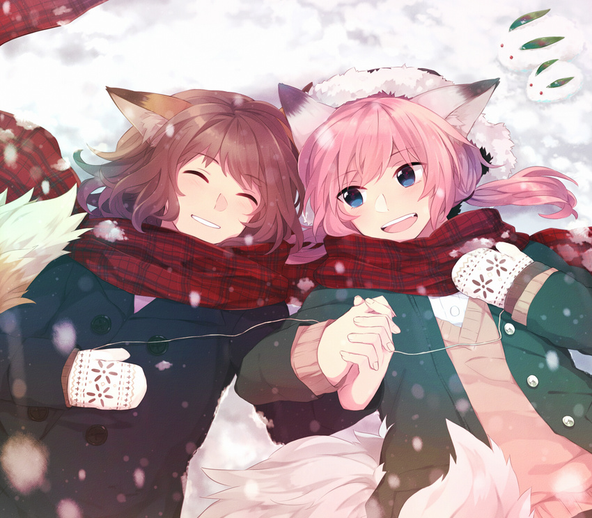 androgynous animal_ears blue_eyes brown_hair closed_eyes coat fang fox_ears fox_tail highres holding_hands hoshiyui_tsukino inazuma_eleven_(series) inazuma_eleven_go kirino_ranmaru male_focus mittens multiple_boys open_mouth otoko_no_ko peacoat pink_hair plaid plaid_scarf scarf shared_scarf shindou_takuto smile snow sweater tail twintails winter