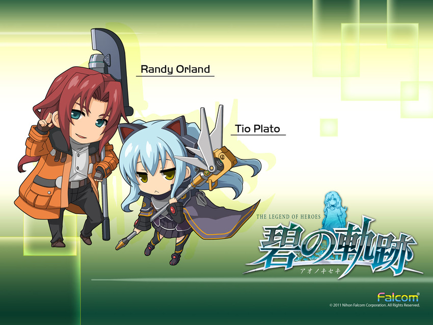 1girl 2011 :&lt; ao_no_kiseki armor armored_dress belt black_dress black_legwear blue_hair cape character_name coat company_name copyright_name dress eiyuu_densetsu enami_katsumi fingerless_gloves gloves green_eyes long_hair no_nose official_art pants randy_orlando red_hair skirt smile staff thighhighs tio_plato v yellow_eyes zero_no_kiseki