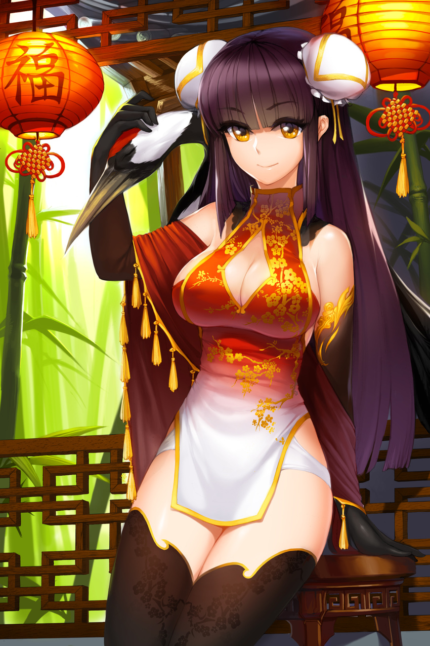 bamboo bare_shoulders bird black_gloves black_hair black_legwear breasts character_request china_dress chinese_clothes cleavage cleavage_cutout crane_(animal) double_bun dress elbow_gloves gloves highres holding large_breasts long_hair looking_at_viewer purple_hair red-crowned_crane smile snowball22 solo sword_girls thighhighs weapon yellow_eyes