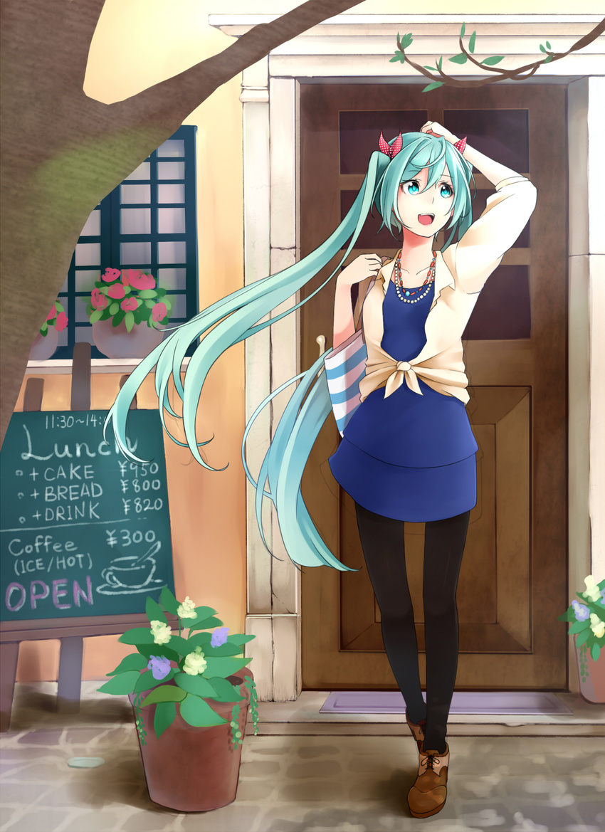 :d aqua_hair arm_up bad_id bad_pixiv_id bag black_legwear blue_eyes door fashion flower front-tie_top hair_ribbon hand_on_own_head hatsune_miku highres jewelry long_hair menu_board necklace open_mouth pantyhose plant potted_plant retsuna ribbon shirt sign smile solo striped tied_shirt twintails very_long_hair vocaloid window