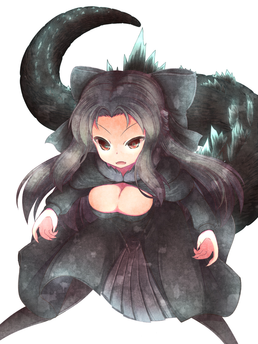 alternate_breast_size black_hair black_legwear bow breasts cleavage dragon_girl dragon_tail fingernails from_above fusion godzilla godzilla_(series) gojiren hair_bow half_updo highres large_bow large_breasts len long_hair monster_girl nightmare_cat open_mouth pantyhose red_eyes sharp_fingernails slit_pupils solo tail tsukihime