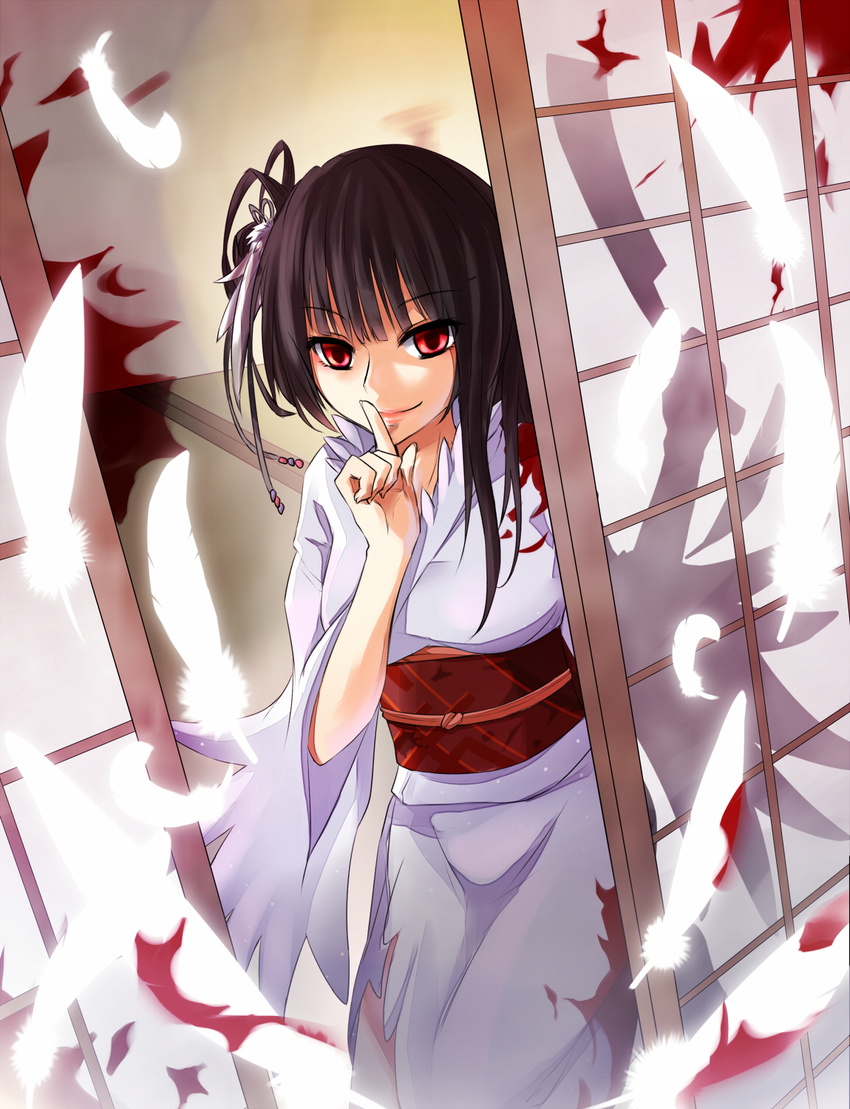 bird black_hair blood crane_(animal) dutch_angle empty_eyes feathers finger_to_mouth folklore hair_ornament hatchet highres japanese_clothes kimono kneeling knife light_smile lips long_hair looking_at_viewer oriental_hatchet original personification princess_royale red_eyes shiroi_neko_(okenoris) sliding_doors solo tatami tsuru_no_ongaeshi