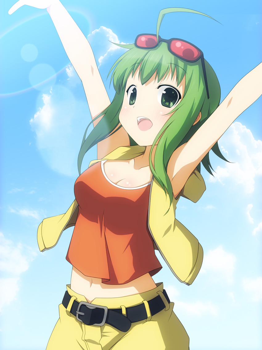 :d ahoge armpits arms_up breasts cleavage glasses green_eyes green_hair gumi highres medium_breasts navel open_mouth shirt short_hair shorts sleeveless sleeveless_shirt smile solo sunglasses vocaloid yuzuki_kei