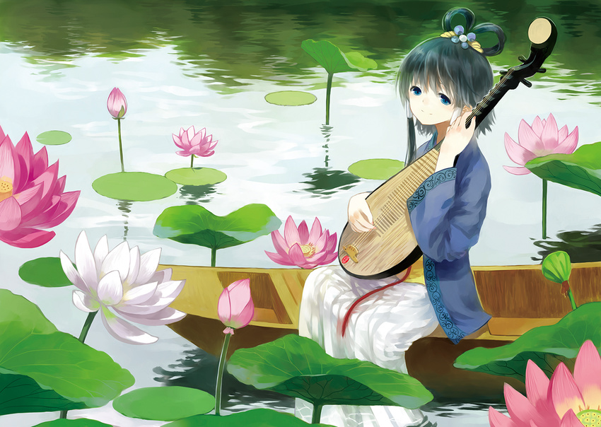 bangs black_hair blue_eyes boat closed_mouth commentary_request day flower hair_ornament hair_rings hair_tubes instrument long_sleeves lotus luo_tianyi lute_(instrument) moekon music outdoors partially_submerged playing_instrument satin satin_clothes short_hair_with_long_locks sitting smile soaking_feet solo tareme vocaloid vocanese water watercraft