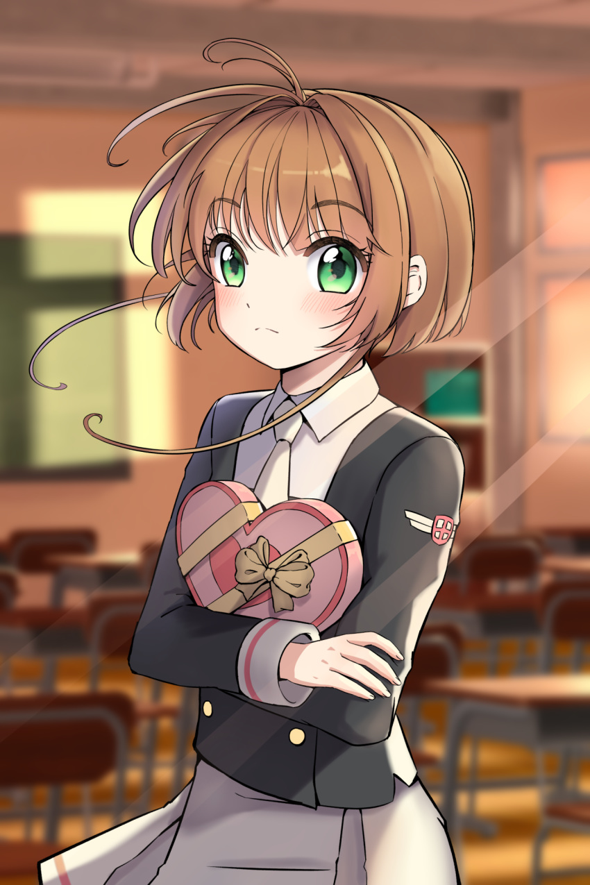 1girl antenna_hair bag bell_(akzkfhd45) black_shirt blush bow box brown_hair card_captor_sakura chalkboard classroom eyebrows_visible_through_hair green_eyes grey_skirt heart-shaped_box highres holding holding_bag indoors kinomoto_sakura long_sleeves necktie pleated_skirt ribbon school_uniform shirt short_hair_with_long_locks sidelocks skirt solo standing white_neckwear yellow_bow yellow_ribbon