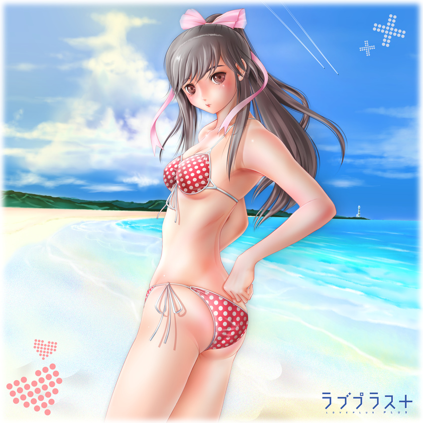 ass beach bikini brown_eyes brown_hair front-tie_top highres long_hair looking_back love_plus miharin polka_dot polka_dot_bikini polka_dot_swimsuit ponytail revision side-tie_bikini solo swimsuit takane_manaka