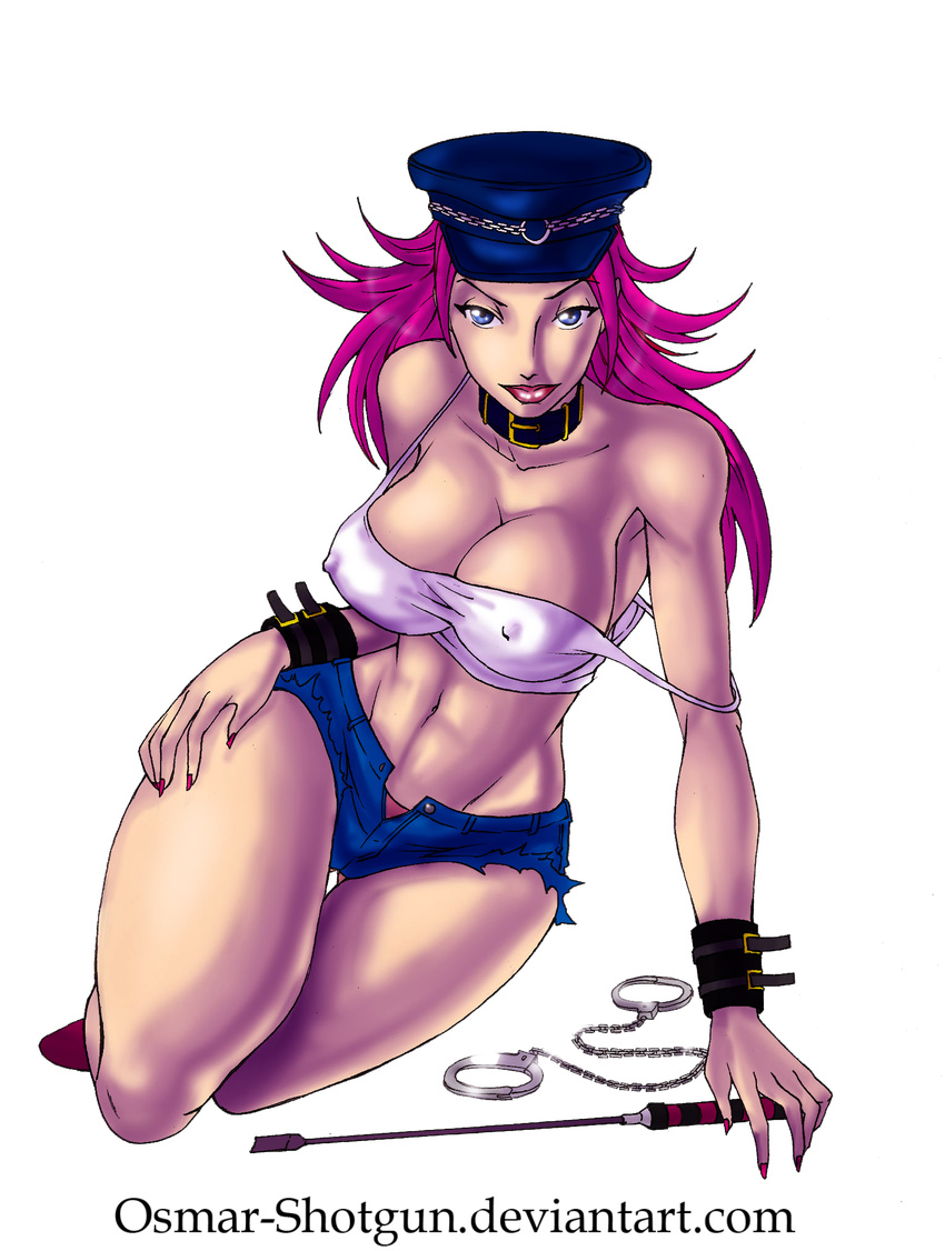 abs bare_shoulders blue_eyes breasts cleavage collar covered_nipples cuffs cutoffs denim denim_shorts final_fight handcuffs hat highres large_breasts long_hair midriff nail_polish navel off_shoulder osmar-shotgun panties peaked_cap pink_hair poison_(final_fight) red_panties riding_crop short_shorts shorts solo street_fighter tank_top thick_thighs thighs transparent_background unbuttoned underwear wristband