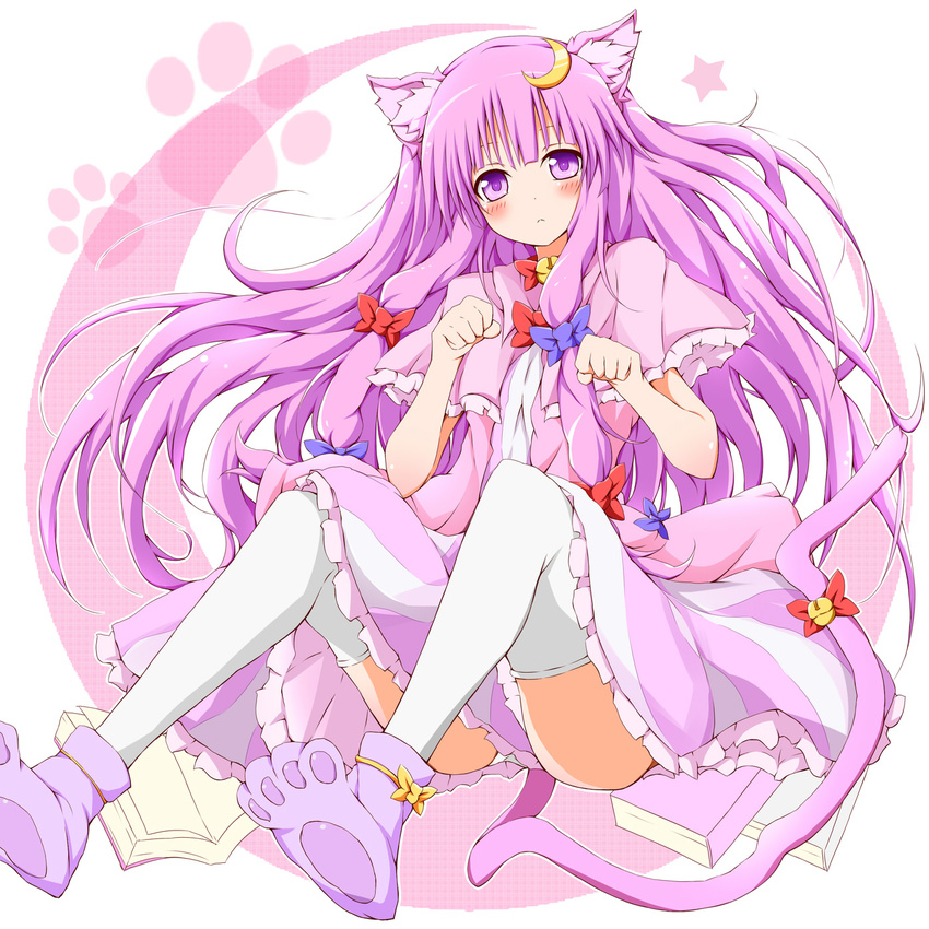 animal_ears bell blush bow cat_ears cat_tail crescent crescent_hair_ornament hair_bow hair_ornament highres karamoneeze kemonomimi_mode long_hair md5_mismatch no_hat no_headwear outline patchouli_knowledge paw_pose paw_print paw_shoes purple_eyes purple_hair shoes solo star tail tail_bell thighhighs touhou white_legwear