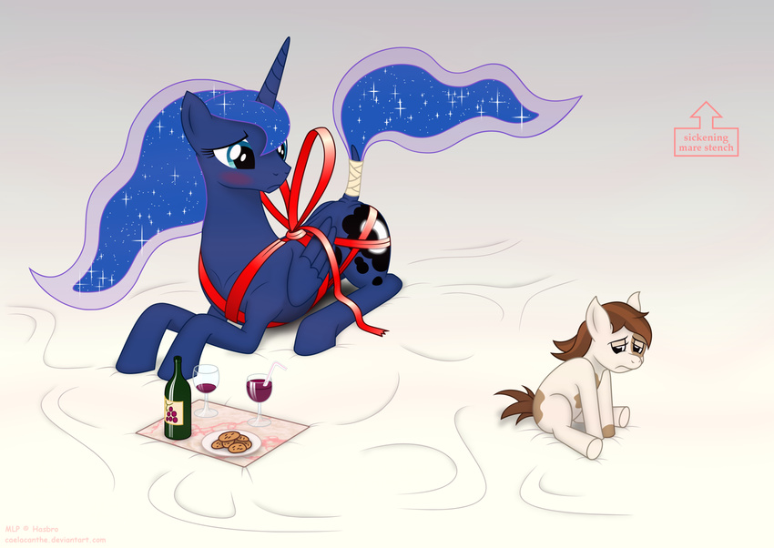 alcohol beverage blush caelacanthe cookie cub duo equine female feral friendship_is_magic heat horn horse male mammal my_little_pony pipsqueak_(mlp) pony princess_luna_(mlp) scared sitting tail_wrap wine winged_unicorn wings wrapped young