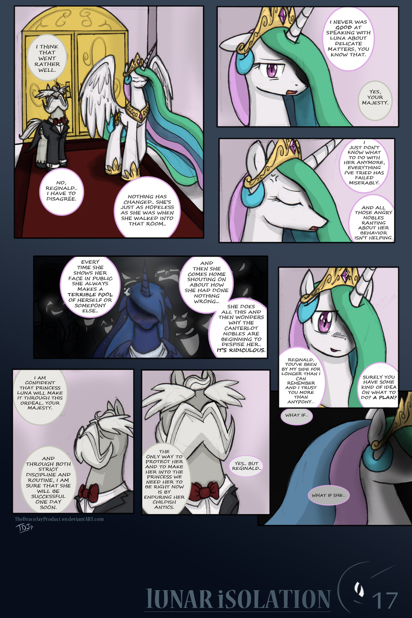 blue_hair butler comic crown cutie_mark dialog dialogue english_text equine facial_hair female feral friendship_is_magic hair horn horse long_hair male mammal multi-colored_hair mustache my_little_pony palace pony princess_celestia_(mlp) princess_luna_(mlp) purple_eyes royalty text thedracojayproduct winged_unicorn wings