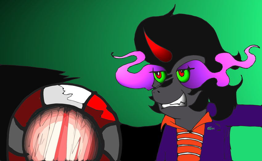 absurd_res black_hair cape equine esprites fear forced friendship_is_magic green_eyes green_sclera hair hi_res horn horse king_sombra_(mlp) looking_at_viewer male mammal movie my_little_pony my_little_pony_ parody plain_background pony rape scared solo