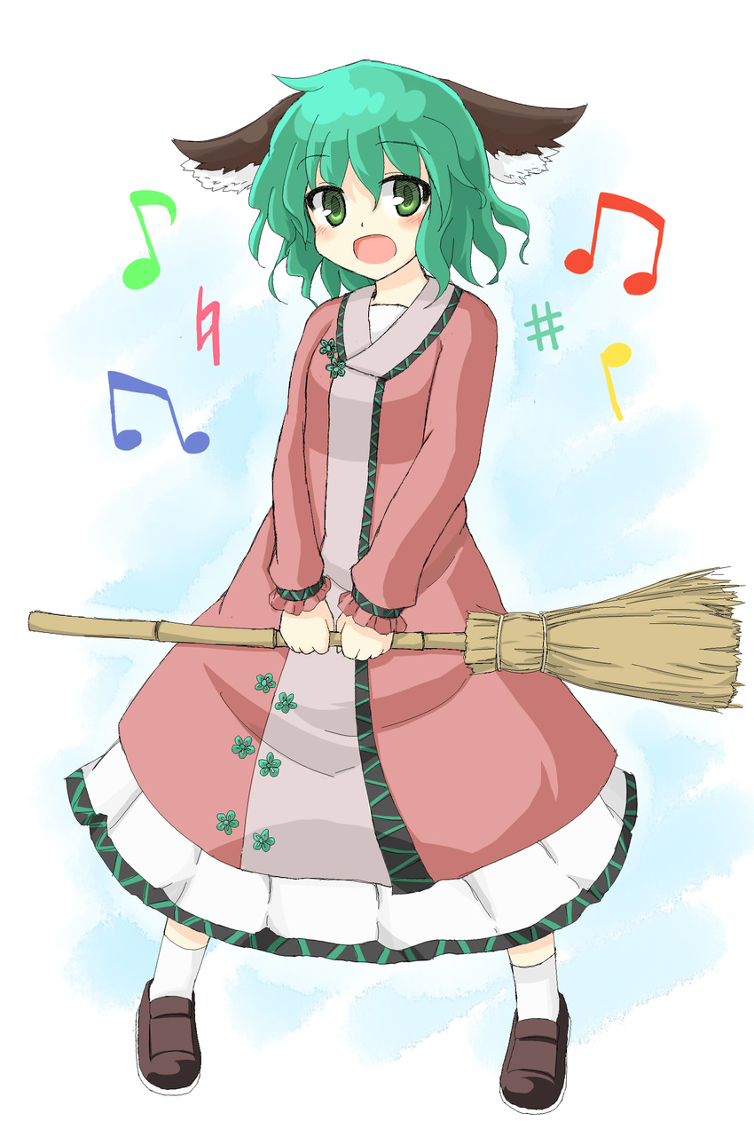 absurdres animal_ears bamboo_broom beamed_eighth_notes blush broom dress eighth_note green_eyes green_hair highres kasodani_kyouko kibisake loafers long_sleeves music musical_note natural_sign open_mouth quarter_note sharp_sign shoes short_hair singing solo touhou