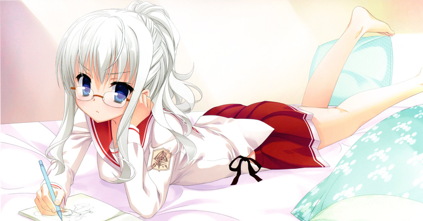 1girl absurdres bare_legs barefoot bespectacled blue_eyes blush drawing feet glasses hidan_no_aria highres jeanne_d'arc_(hidan_no_aria) jeanne_d'arc_(hidan_no_aria) kobuichi looking_at_viewer lying mechanical_pencil on_stomach pencil pleated_skirt ponytail school_uniform skirt white_hair