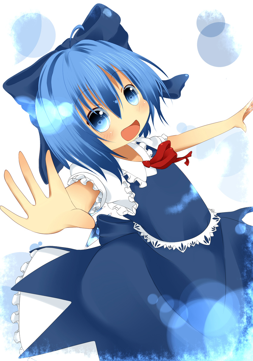 akisha bad_id bad_pixiv_id blue_eyes blue_hair blush bow cirno hair_bow heart heart-shaped_pupils highres ice ice_wings open_mouth short_hair short_sleeves smile solo symbol-shaped_pupils touhou wings