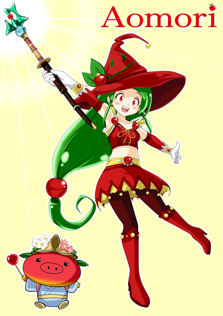 :d apple armpits arms_up bad_id bad_pixiv_id bare_shoulders boots character_request chenge-getter creature earrings food fruit full_body gloves green_hair hair_ornament hat high_heels highres jewelry leaf long_hair looking_at_viewer low-tied_long_hair midriff navel open_mouth original outstretched_arms pantyhose red_eyes sheath shoes skirt smile staff very_long_hair witch_hat yellow_background