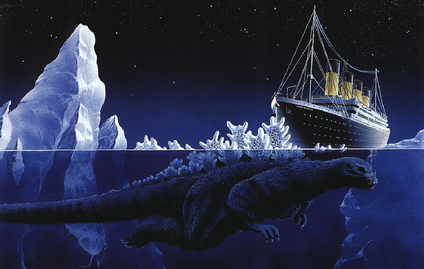 bubble bubbles claws godzilla iceberg night ocean star tail titanic toho_(film_company) underwater water