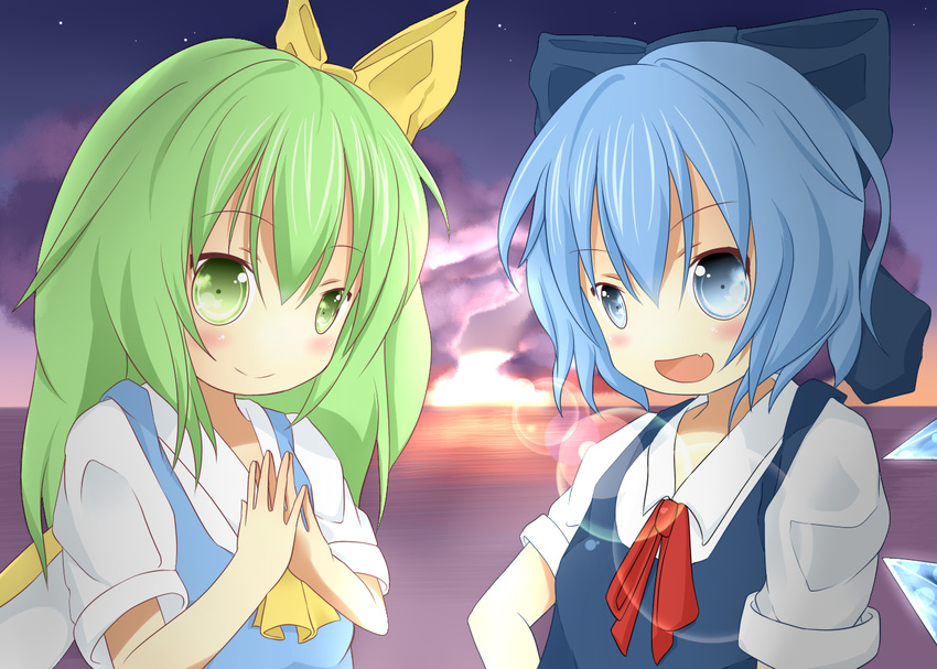 akisha bad_id bad_pixiv_id blue_eyes blue_hair blush bow cirno daiyousei fairy_wings fang green_eyes green_hair hair_bow long_hair multiple_girls open_mouth side_ponytail smile touhou wings