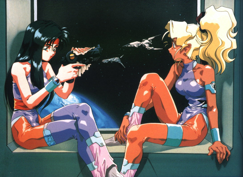 90s armlet bare_shoulders black_hair blonde_hair blue_eyes bodysuit crossed_legs earrings gun hairband headband holding holding_gun holding_weapon jewelry kajishima_masaki kuramitsu_mihoshi long_hair makibi_kiyone multiple_girls planet ponytail sitting space space_craft tenchi_muyou! tenchi_muyou!_uchuu_hen trigger_discipline watch weapon wristwatch