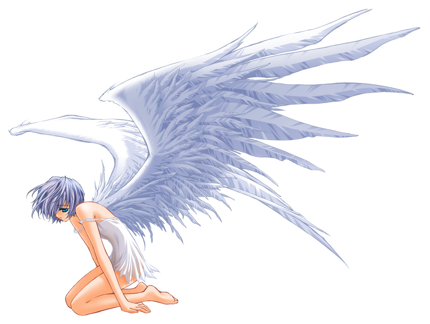 absurdres angel angel_wings bare_shoulders barefoot blue_eyes blue_hair carnelian feet full_body highres kneeling lingerie nightgown original short_hair solo toes transparent_background underwear wings